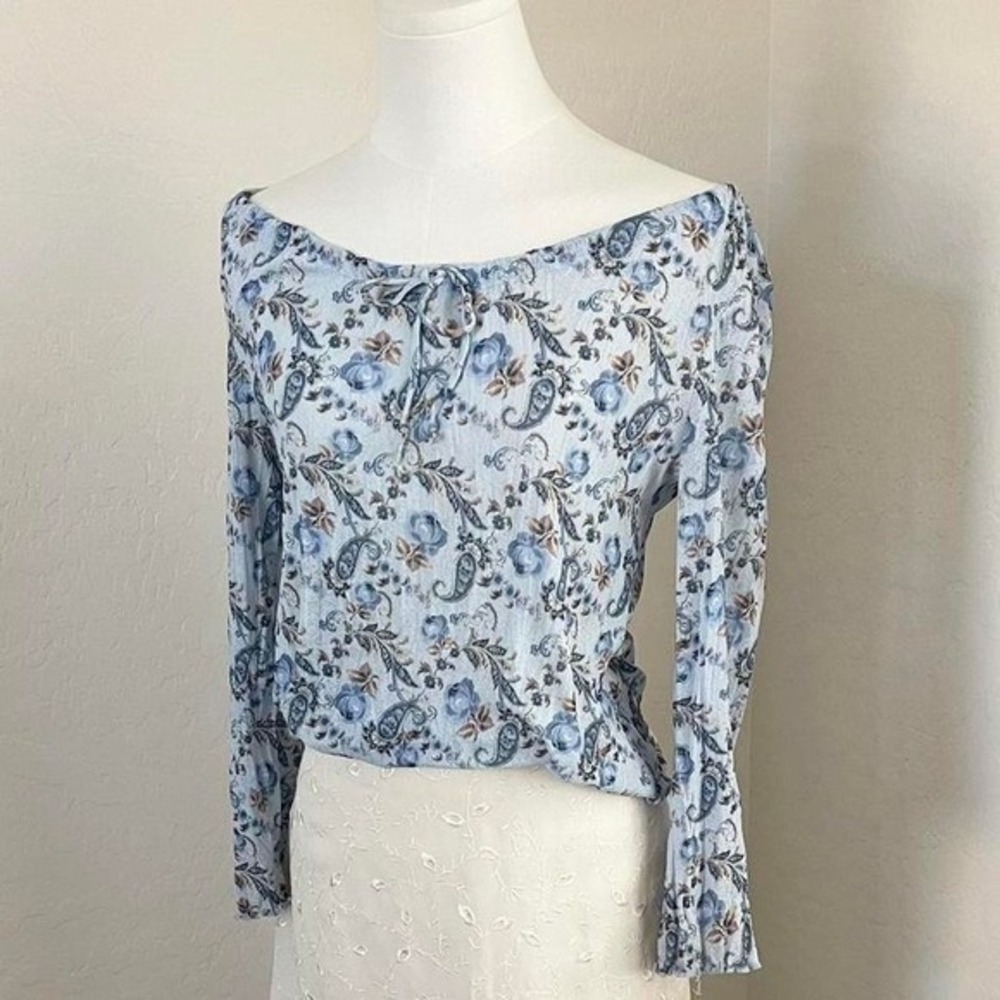 Grapevine Floral Paisley Top Womens M Blue Good Off Shoulder Lettuce Edge Tie